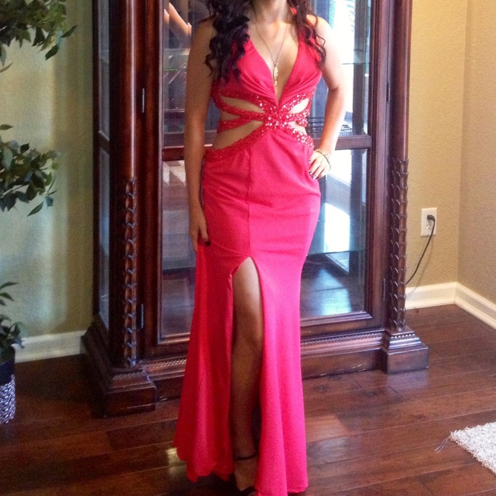Impression Bridal Red Rhinestone Long Slit Dress